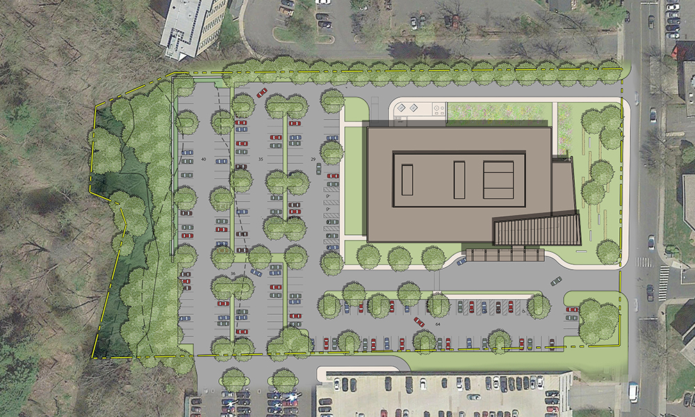 <p>The site plan proposed a distinctive drop-off canopy with wrap-around parking for both patients and staff, and a dedicated delilvery entry that keeps traffic separate from the main entry. </p>
