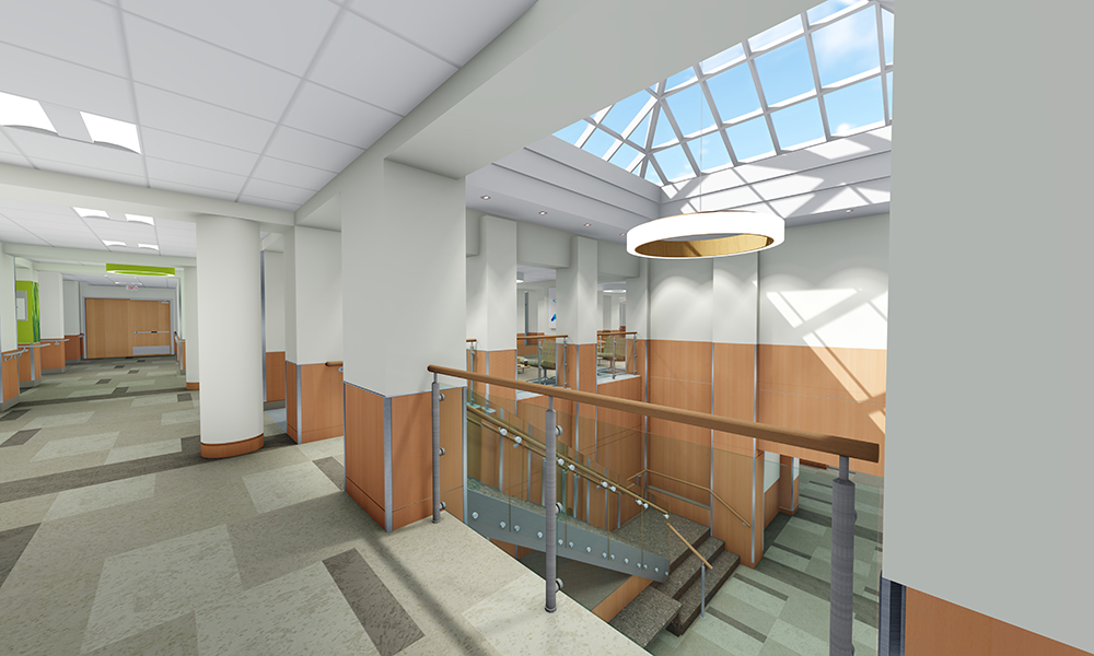 <p>Previously unused, trapped, exterior space at Memorial Campus now features a new ornamental staircase and skylights that both<br />
physically and visually connect the ground floor and the first floor. </p>
