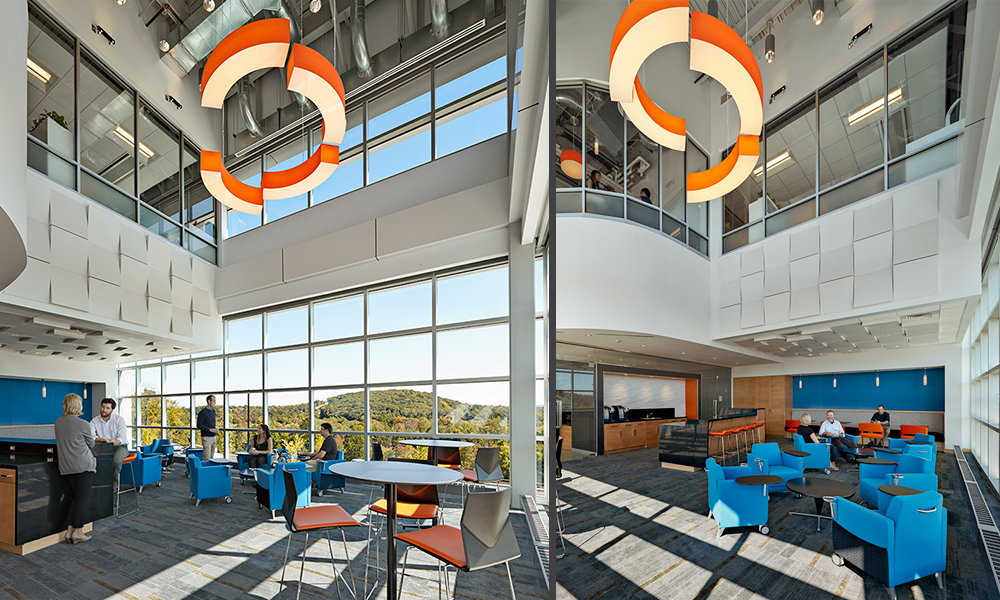 <p>Brand colors are strategically integrated, both inside and out, through the project palette and material selections. Bright white surfaces are combined with medium value, small pattern gray flooring, and natural maple veneers to focus the eye on accents of Belimo’s orange and blue color scheme.</p>
