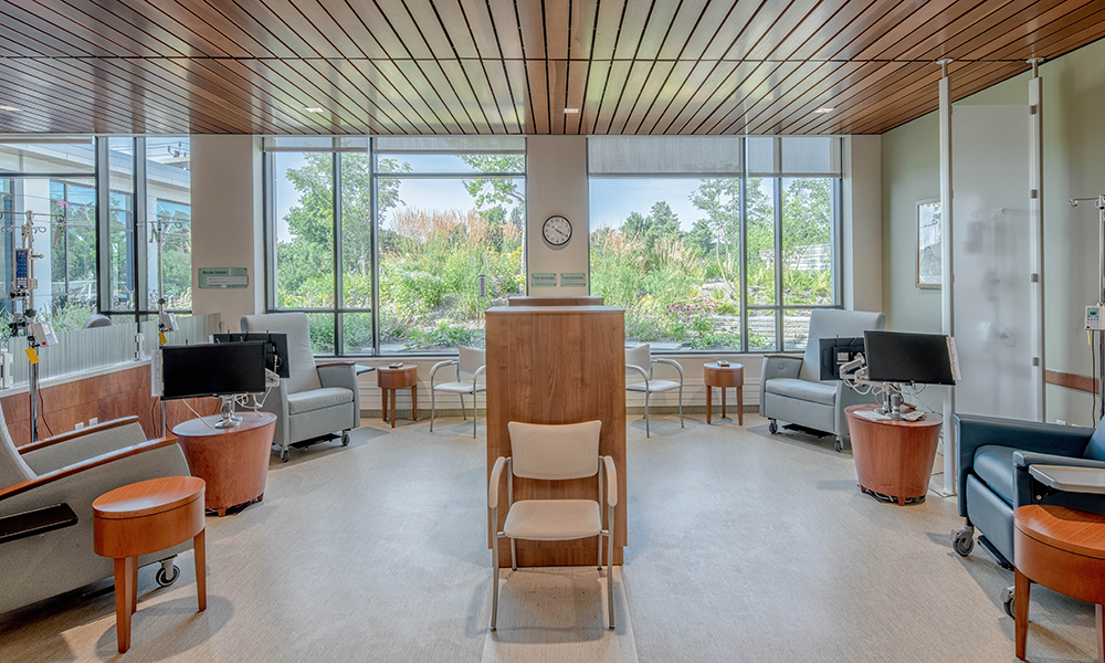 <p>The infusion suite is separated into two wings on the second floor which offer additional privacy while embracing a private rooftop healing garden. The healing garden creates an intimate connection between medical oncology and nature. </p>
