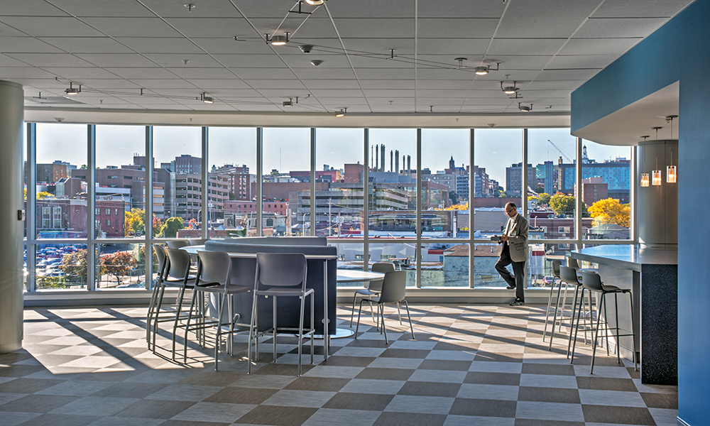 <p>The Medical Innovation and Novel Discovery Center on the third floor has a centralized cafe space with views to the city. </p>
