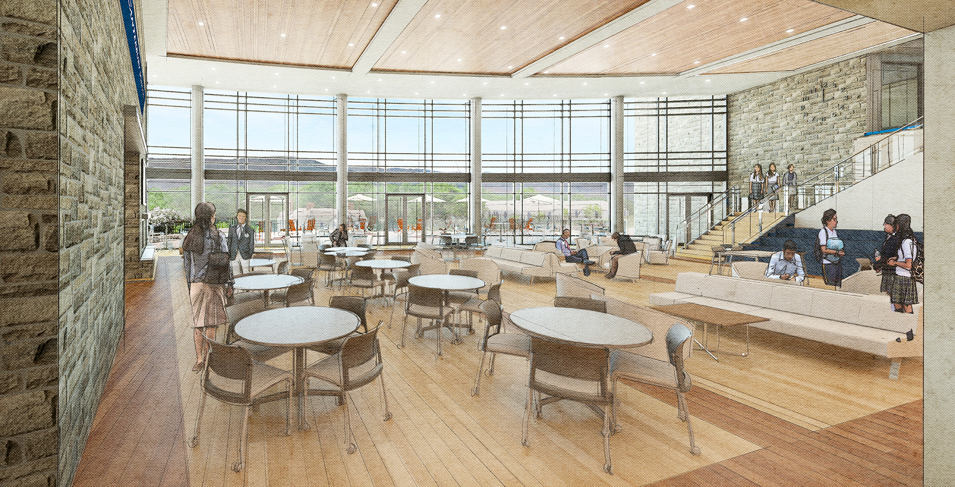 <p>The expansive interior glass walls of the Commons brings abundant natural light into the space and opens up dramatic views to the Housatonic Range and beyond.</p>
