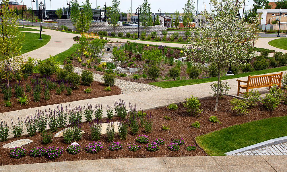 <p>Reuse of granite curbs salvaged from the demolished street interspersed with flowering plants create functional and aesthetic landscape features.</p>

