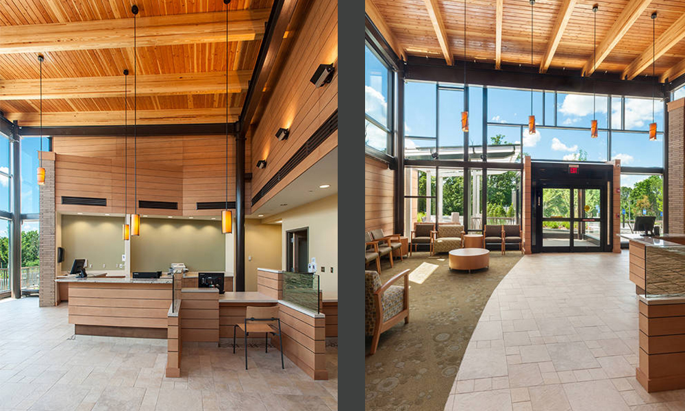 <p>The use of reclaimed wood inherent in laminated wood beams and flooring with recycled content and veneer materials create an appropriate setting for cancer care. </p>
