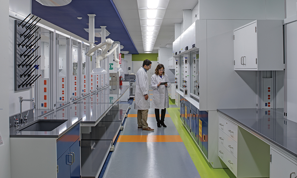 <p>The design of Sanofi’s physical space aligns with Sanofi’s image and brand. The finish materials within the laboratories were selected for durability and safety with the ability to be obtained in the color palette reflective of the overall branding scheme in the project. Splashes of accent colors on walls and the introduction of dropped GWB ceiling bands recall the color schemes within the open office areas supporting the cultural shift to transform Sanofi’s work experience and visually link the campus together.</p>
