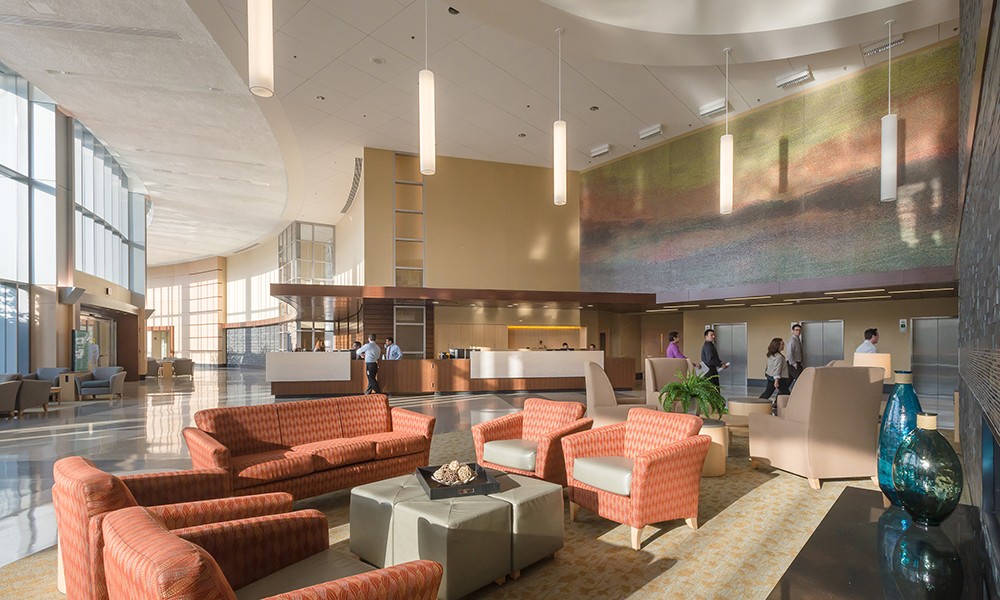 <p>Elements of nature are introduced within the lobby (abundant daylight, interior gardens, water features) providing a calming, restorative setting for all to enjoy.</p>
