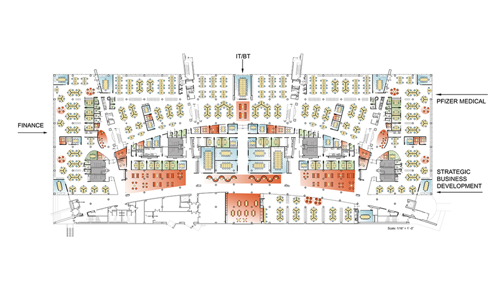 <p>Second Floor Plan After : </p>
<p>Neighborhoods or hubs are assigned for each of the business units occupying the building. The hubs include any specialty requirements for the business units such as files, reference materials and areas for administrative staff (the only colleagues with assigned space in the building). Parking spaces for mobile file pedestals, to be assigned to each colleague, were planned to park along the perimeter. The overall design accommodates 1598 staff in 1191 individual work settings, provides 666 informal collaborative seats and 676 formal collaborative seats for a total of 2450 choices in work settings.</p>
