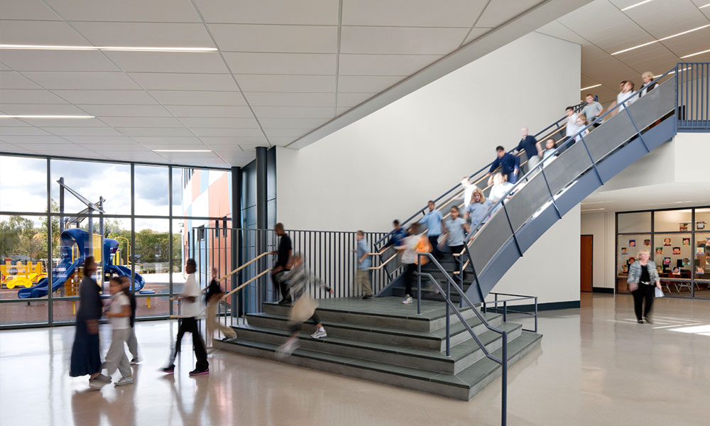 <p>The central lobby is a point of orientation for the entire school. It serves as an intersection where all different spaces meet. Most of the spaces are visible from the central lobby as soon as one enters the school.</p>
