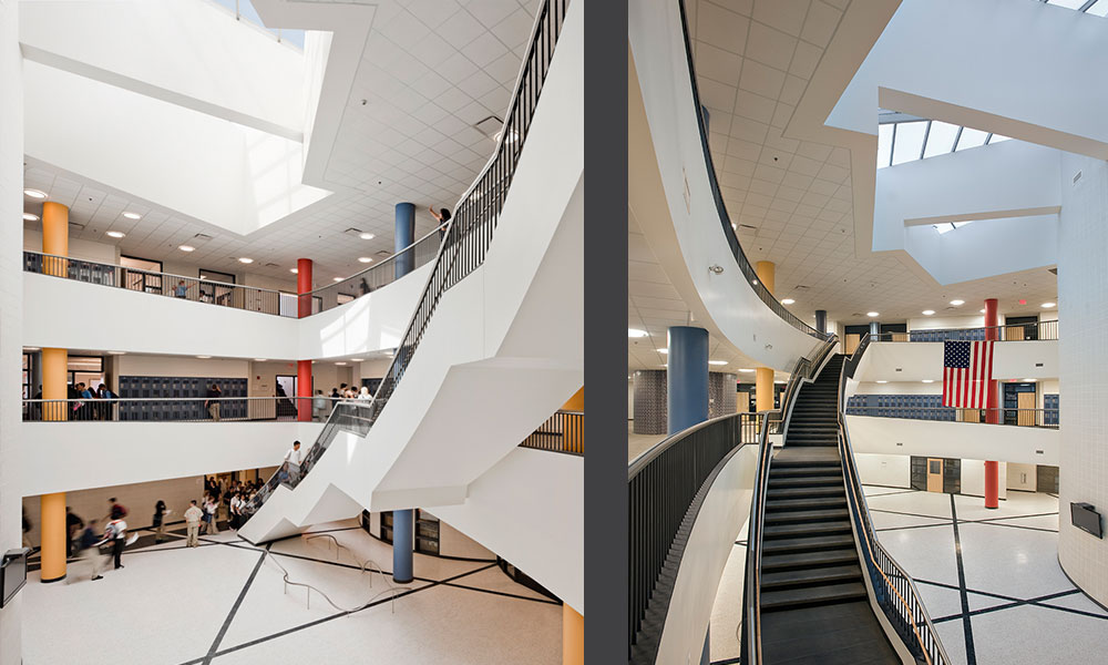 <p>A full-height, skylight capped atrium designed to bring a greater sense of community to the school, while adding a vertical dynamic to what had been a sprawling one-story building. The open stair makes a theatrical event out of regular classroom changes.</p>
