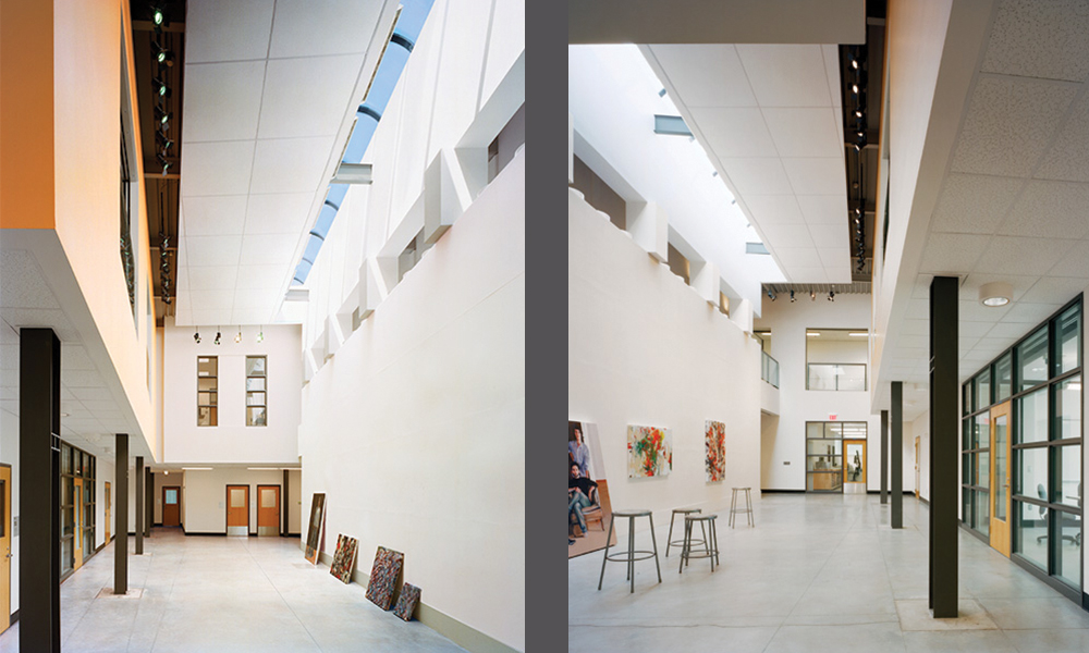 <p>The building’s program is grouped around a central, two-story atrium/common space with expansive walls for hanging art and projecting images, promoting community by providing critique and presentation space for all students and faculty to share.</p>
