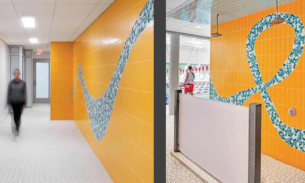 <p>Colorful tiles direct visitors from locker rooms to showers to Family Pool.</p>
