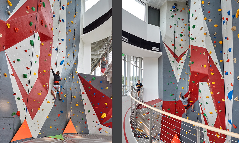 <p>45 ft climbing wall reaching up through the rooftop featuring 360 degree panoramic views of the campus.</p>
