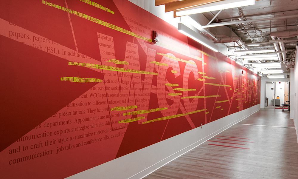 <p>Custom experiential graphics were developed to personalize the corridors leading towards WCC and GECD while maintaining the overall brand of the common shared space.</p>
