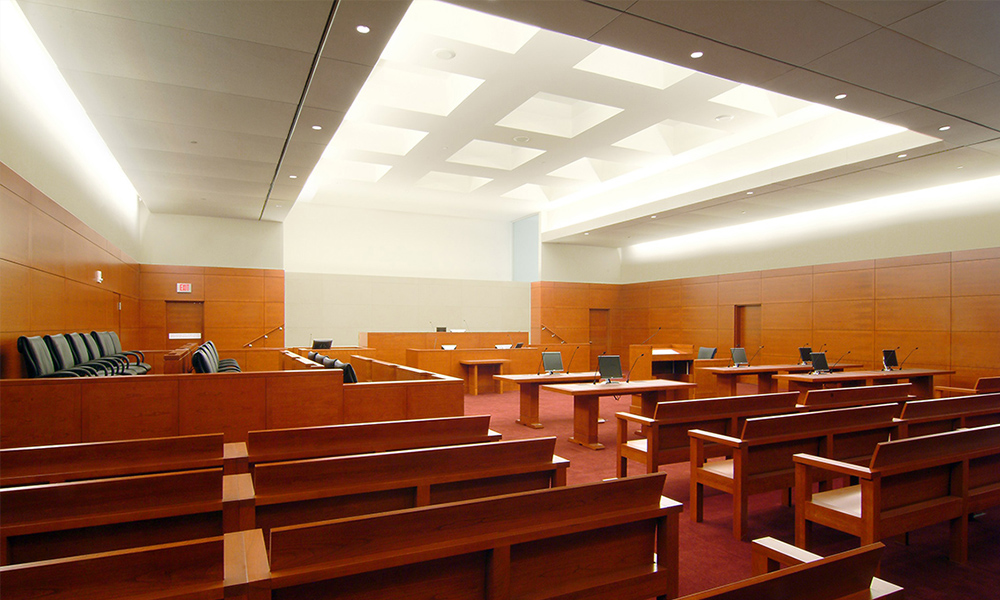 <p>Sunlight-filled courtrooms, jury rooms, offices, and public spaces both symbolize the clear light of reason represented by our laws and humanize the setting for visitors, judges, and staff.</p>
