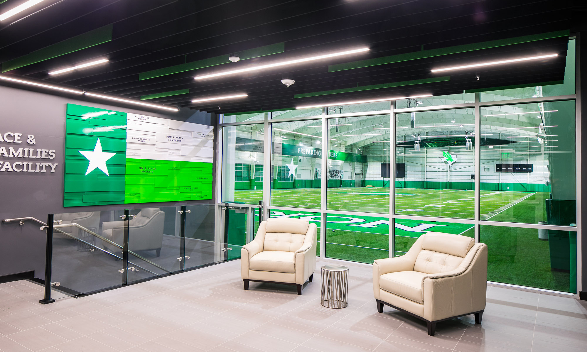 <p>Along with storage space, restrooms, and filming/viewing platforms, the facility also includes an entry lobby with team displays and an adjacent alumni/recruiting lounge with soft seating, a kitchenette, and a view to the practice field.</p>
