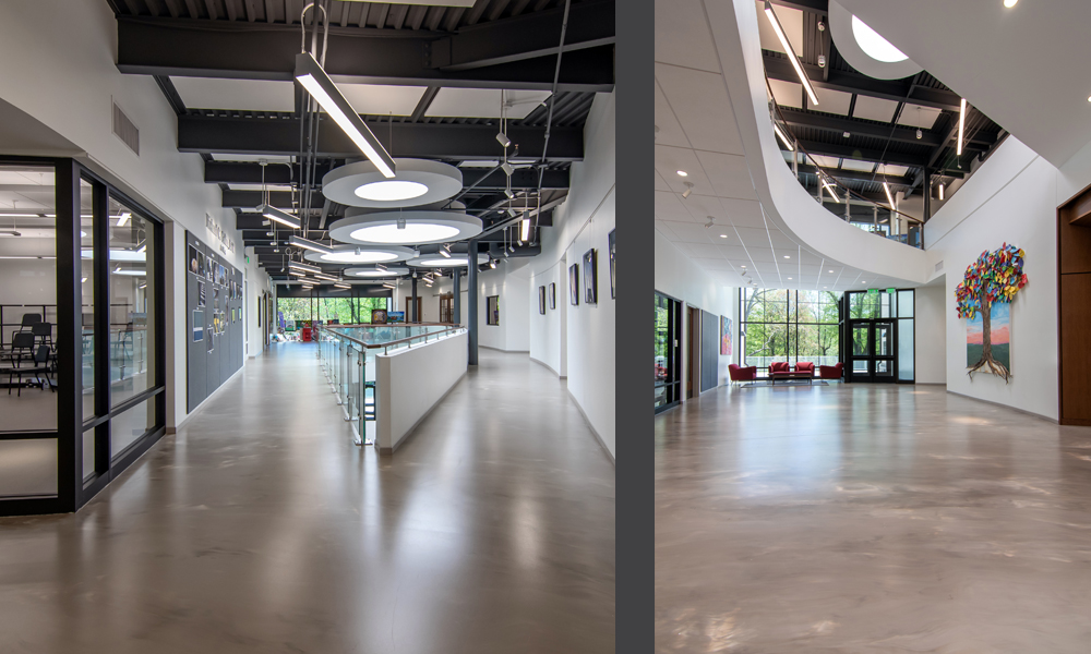 <p>Interconnectivity abounds in the Arts Corridor, truly serving as a vehicle for communication and collaboration. Natural light pours in from the large skylights and curtain walls. Exposed ceiling creates an open and funky atmosphere that encourages all to think outside the box.</p>
