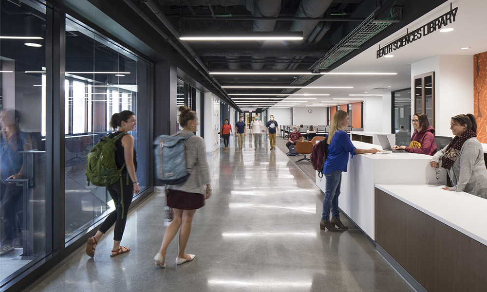 <p>The reception area of the fully-re-imagined Health Science Library that connects students to healthcare’s rich history and opportunities for invention and product development that could define the industry’s future, including a makerspace and virtual reality studio. </p>
