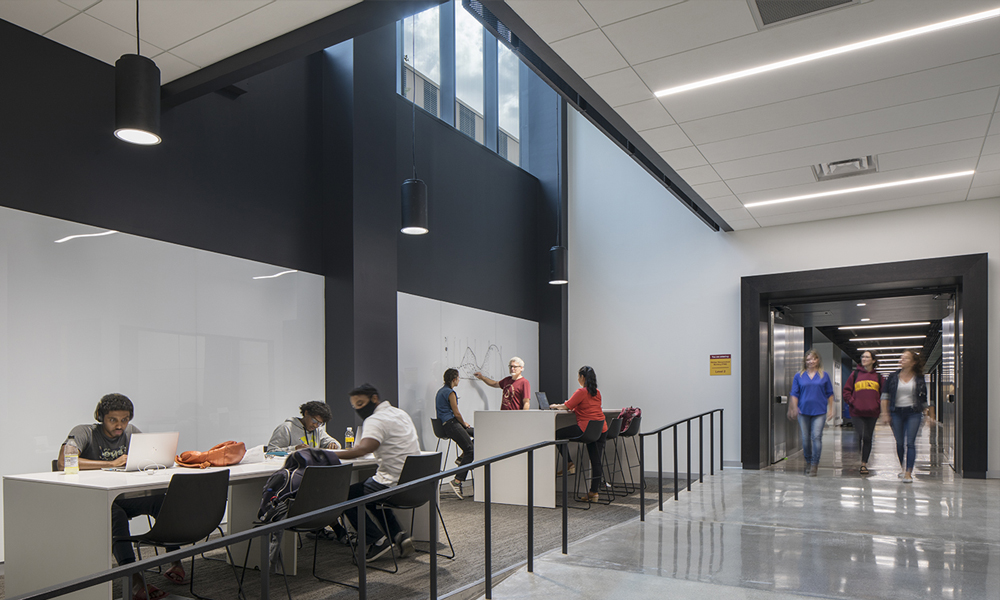<p>A flood of natural light reaches the below-grade level through a new connecting stair at the University of Minnesota’s new Health Science Education Center. </p>
