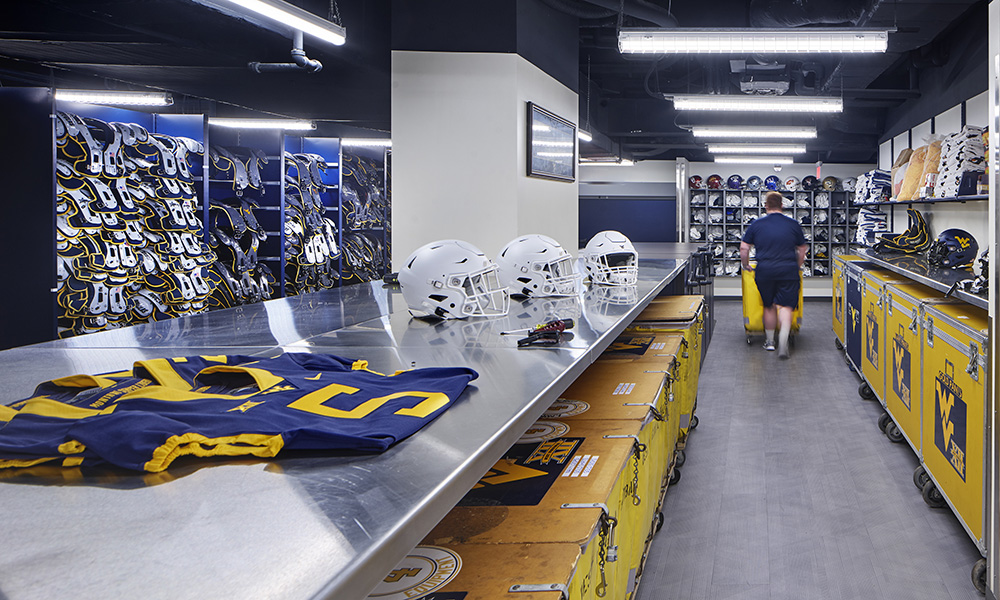 <p>Larger equipment and storage areas with improved loading dock and stadium access; the equipment room features a “SWAG” wall for uniforms, helmets, cleats, and gloves.</p>
