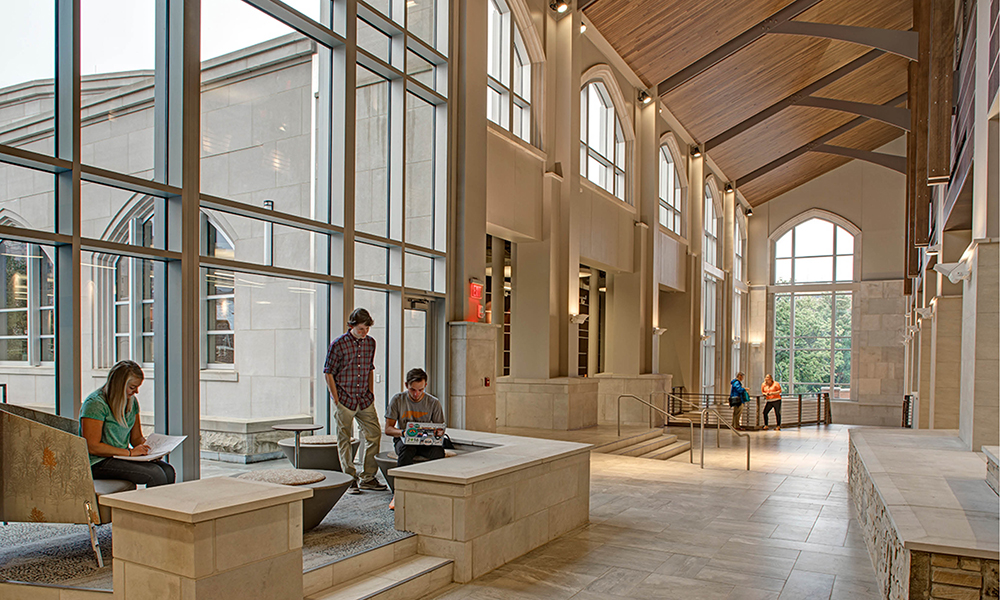 <p>The atrium, designed to serve as “The Heart of the Building”, serves as the definitive destination for learning and collaboration outside of the classroom and labs. </p>

