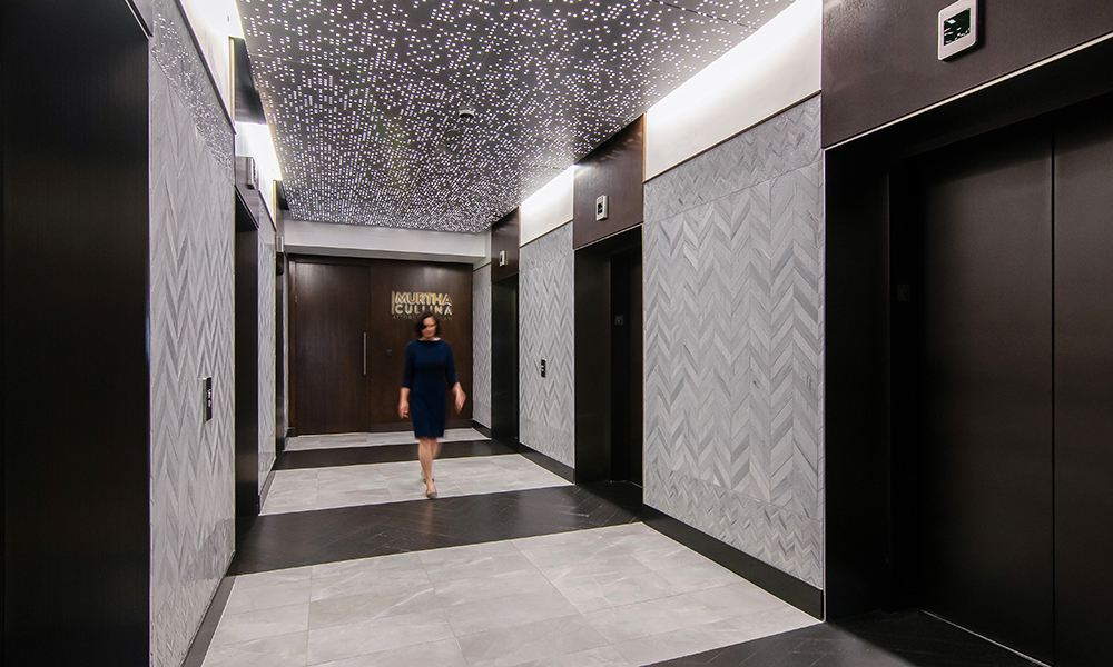 <p>The overarching design concept for the space is a transition into styled modern elegance with edgy touches. Simplicity, wonder, and drama unfolds in the elevator lobby. </p>
