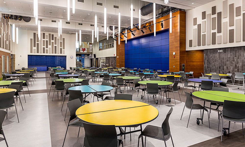<p>The auditorium and cafeteria are in a shared space, fostering a principal project goal providing flexible, educational environments that promote tomorrow’s teaching and collaborative learning activities. </p>
