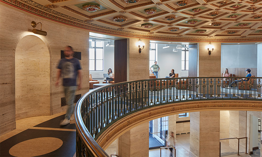 <p>The lobby and rotunda’s interior features are restored and are widely celebrated as a significant campus architectural space.</p>

