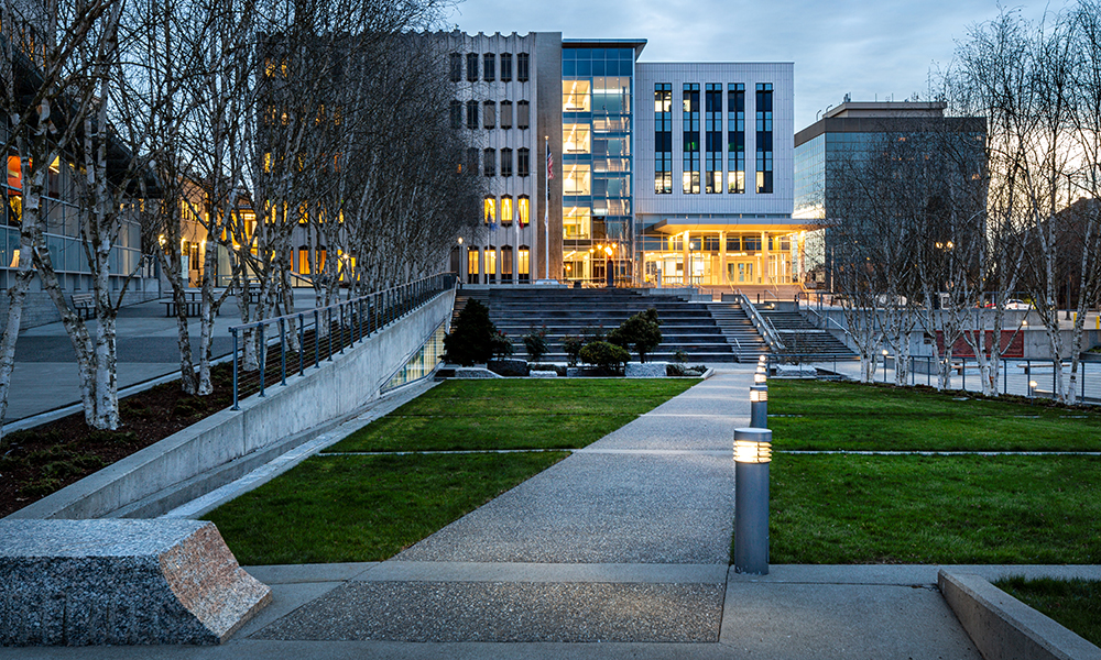 <p>This existing County Courthouse and tower addition are a complement to the dynamic civic plaza. The colonnaded porch and arrival stairs elevated above the ground plain have a symbolic reference to the classical courthouse prototype.</p>
