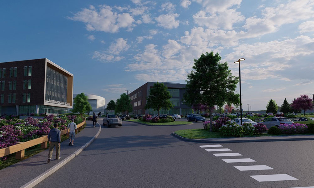 <p>Entry to the new middle school and high school begins at Besse Park, terminating at safe and defined circulation for pedestrians stemming from separate loops for school bus and parent drop-off.</p>
