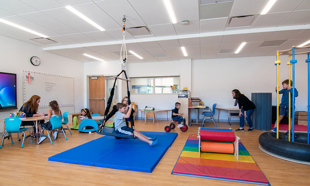 <p>The OT/PT & Sensory Room provides an interactive space for students requiring special services to learn a range of cognitive, fine and gross motor skills. Strategic placement of the OT/PT room in the floor plan makes it accessible to the K-5 and ELP students.</p>
