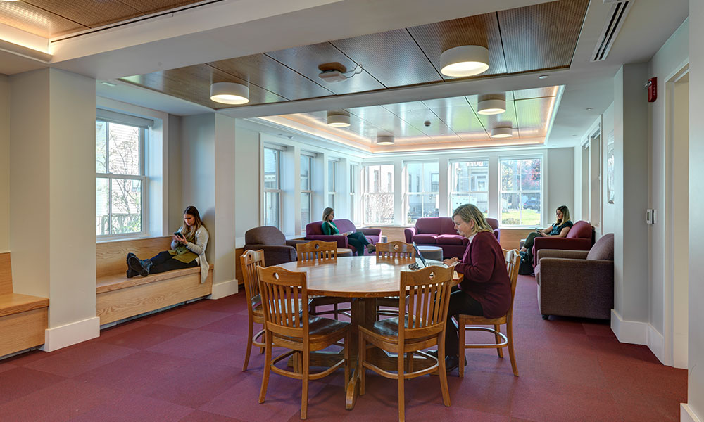<p>The new residence hall is home to the newest community spaces on campus, providing an opportunity to gather and connect with peers.</p>
