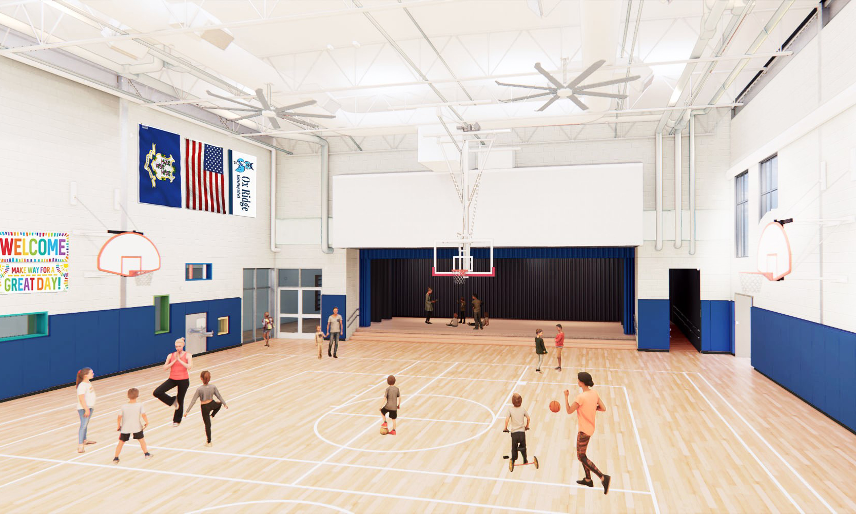 <p>The gymnasium is bright and spacious to support a variety of uses.  A raised platform at the west end provides a performance venue for music and drama productions.</p>

