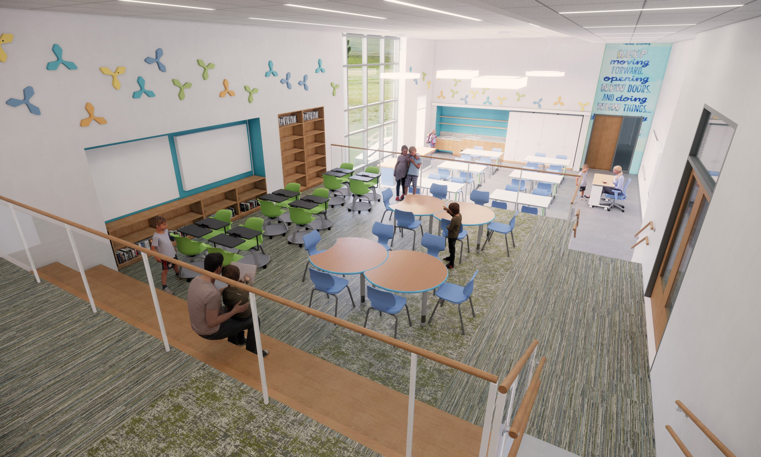 <p>View from within the media center overlooking the classroom and discover/maker environment.</p>
