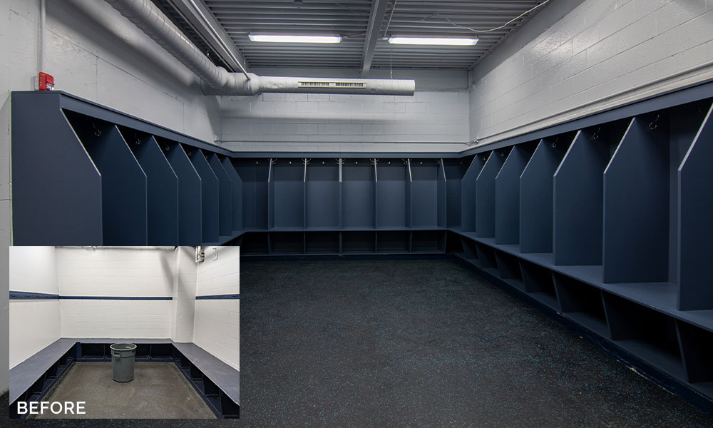 <p>The new team locker rooms include upgraded restroom facilities, showers, and equipment cubbies. </p>
