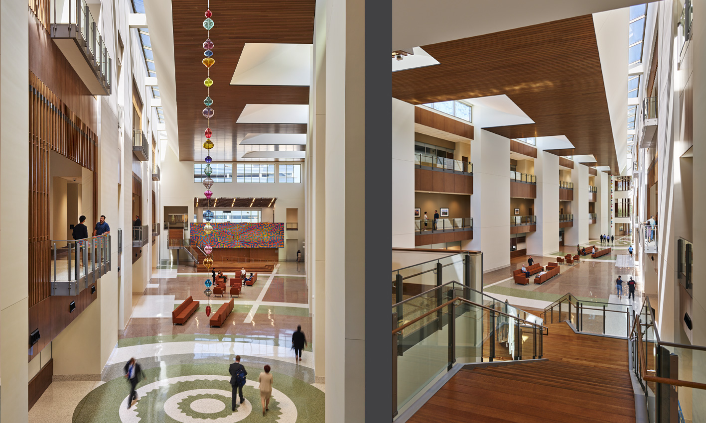<p>A mural by Mexican artist, Thomas Glassford, is highlighted in the central atrium. Great stairs lead visitors and potential jurors up to the jury assembly whose hovering glass bay looks out onto San Pedro Creek.  </p>
