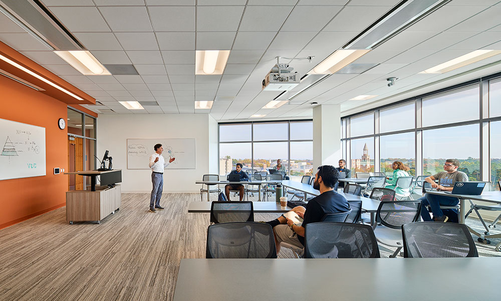 <p>Active learning classrooms on levels 4-6 with flexible furniture allows for reconfiguration of the spaces as pedagogy and curriculum evolve. Two of the six 42-seat rooms also include video conference learning to tap into distance learning with other UNC campuses.</p>
