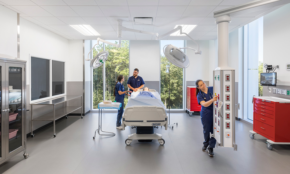 <p>A simulated hospital allows learners to replicate pediatric and adult scenarios within surgical suites, recovery rooms, nursing station, and observation and debriefing rooms.</p>
