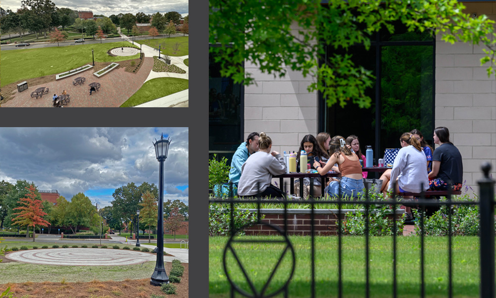 <p>A stone labyrinth provides a meditative retreat from the stressors of the high-caliber academic programs, and a stamped concrete loggia with measured markings supports outdoor Physical Therapy. Tables and wall seating along a plaza are situated to support seated gardening, and gathering.</p>
