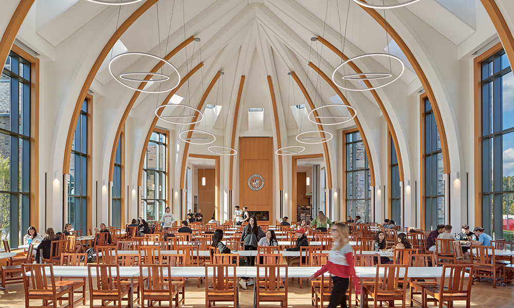 <p>The traditional hall design emphasizes the community within, while providing 180-degree views of the quad.</p>
