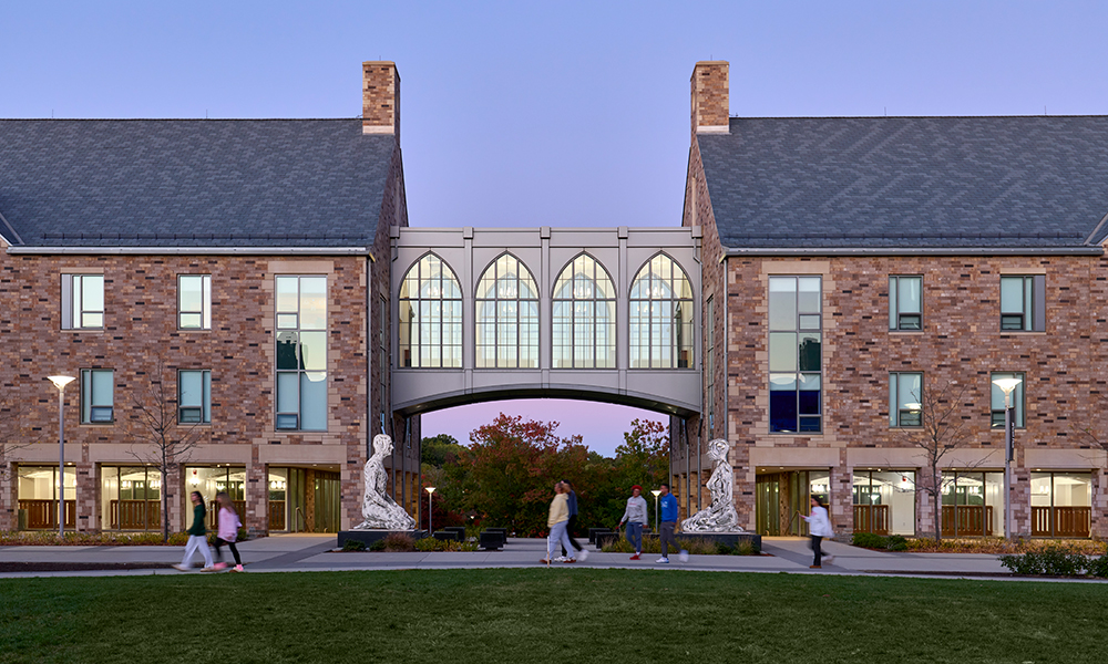 <p>Covered stairways transition from the amphitheater to Pioneer Quad.</p>
