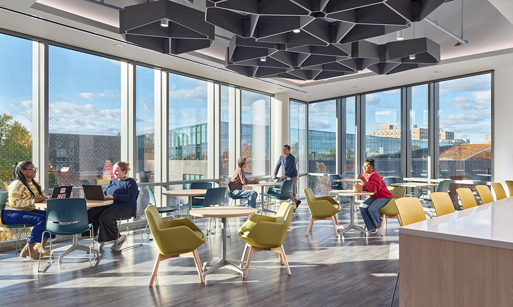<p>Wellness is woven throughout the building, with shared “we” spaces for faculty and staff—including Wellness Cafés strategically located at the northwest corner of each floor—to encourage interaction and provide alternative settings for work and connection.</p>
