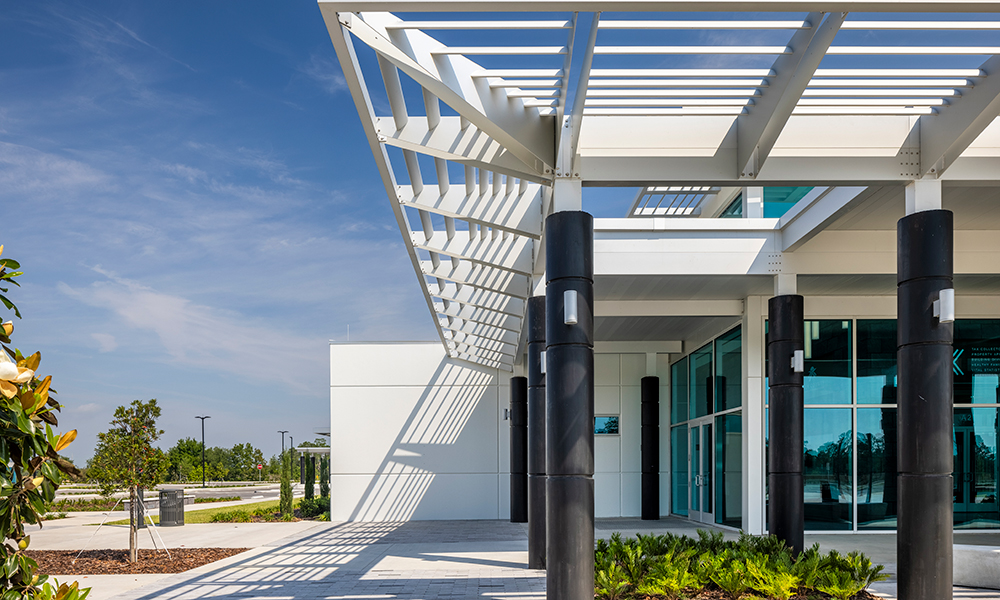 <p>The contemporary approach to “shade-making architecture” thoughtfully engages with light and shadow, creating dynamic patterns that enliven the space while drawing inspiration from the playful and innovative designs of nearby precedents by Frank Lloyd Wright, Gene Leedy, and Santiago Calatrava.</p>
